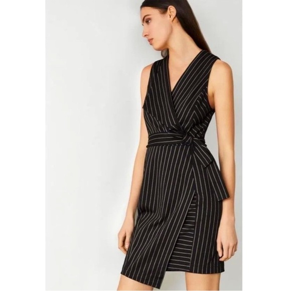 BCBGMaxAzria Dresses & Skirts - BCBGMAXAZRIA Professional Black Pinstripe Faux-Wrap Asymmetrical Belted Dress XS